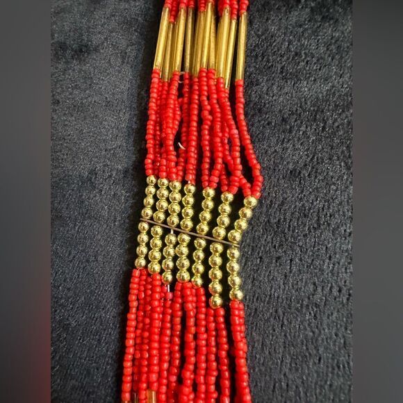 Red & Gold Multi Long strand all glass Seed XL Torsade Necklace - Picture 2 of 3